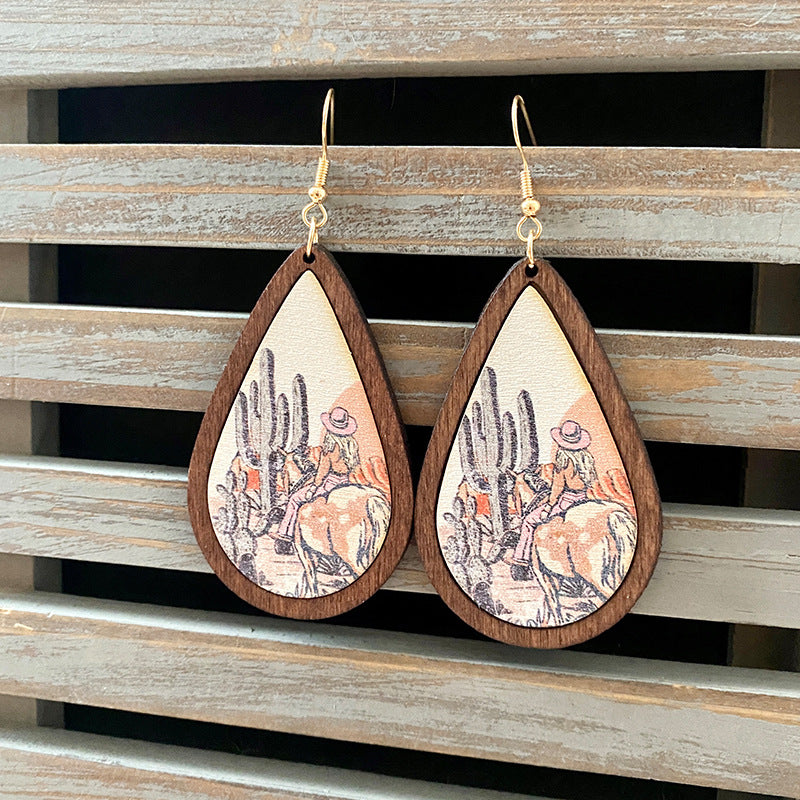 Wholesale Western Vintage Water Drop Pattern Wooden Earrings